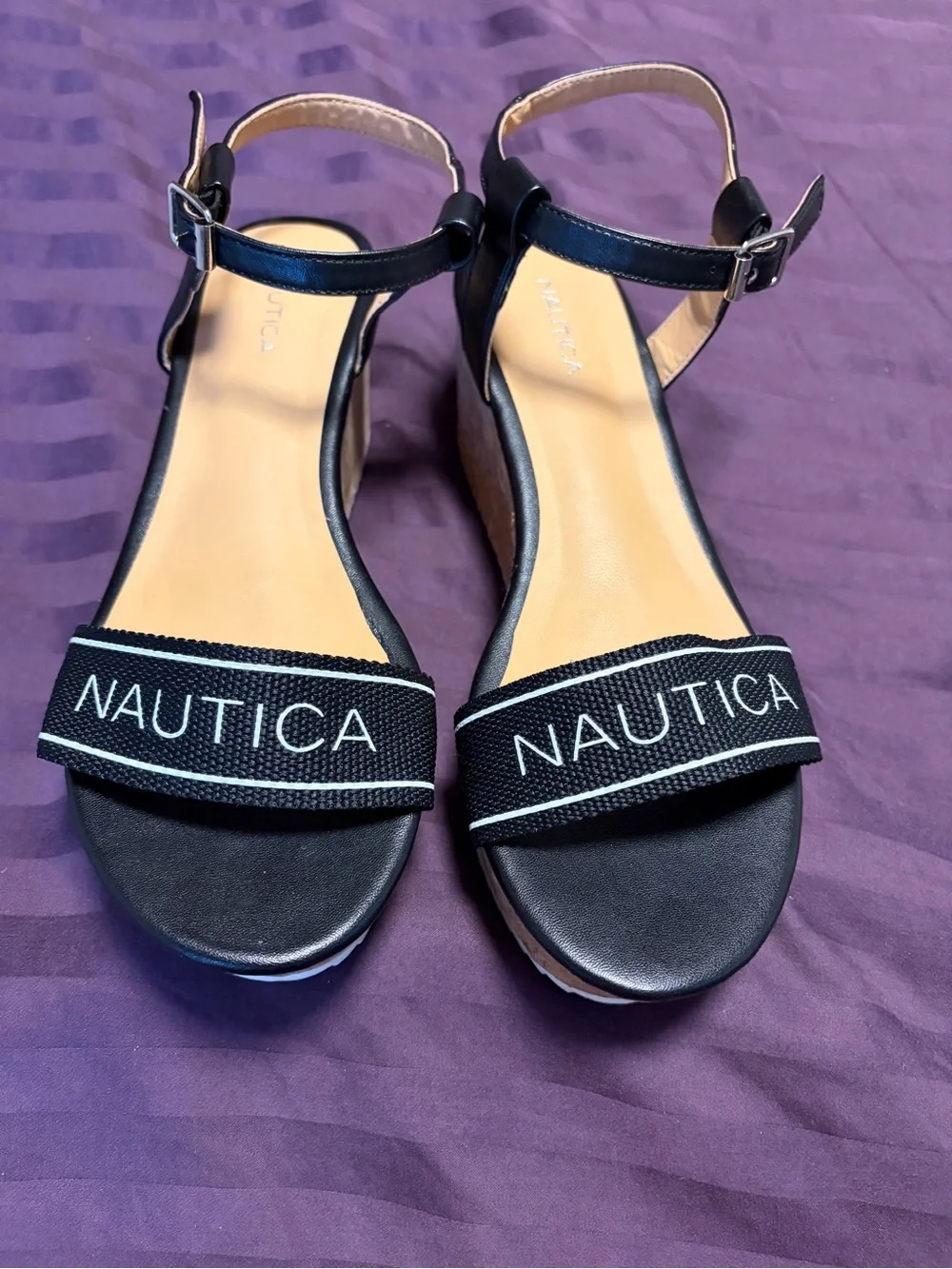 Nautica Soraya Black Cork Platform Wedge Sandals Logo Strap Women’s Size 9